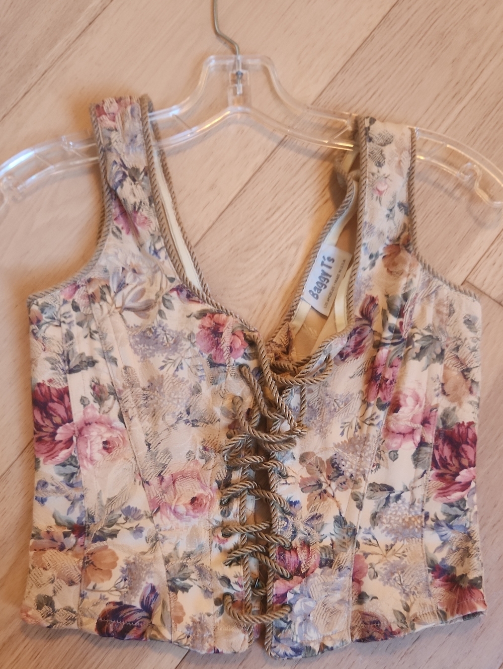 1990s Vintage Floral Lace-Up Corset Camisole - Pink & Cream